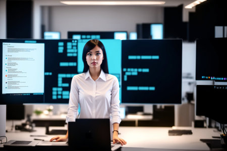 businesswoman working on laptop computer in modern office at night, Asianの素材
