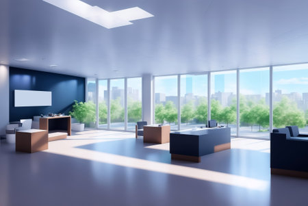 modern office interior 3d rendering image mock up and city viewの素材