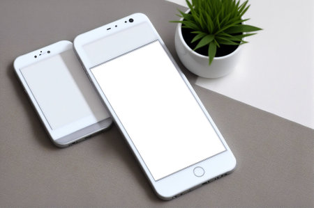 Smartphone with white screen on gray table. Copy space for text.の素材