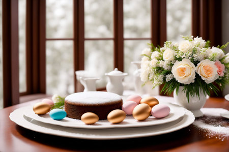 Easter table setting with Easter eggs, cake and flowers. Selective focus.の素材