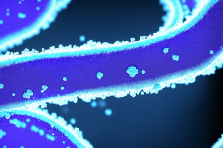 3d illustration of DNA strand, computer generated abstract background, blue colorの素材