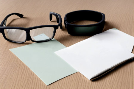 Notebook and eyeglasses on the wooden table with copy spaceの素材