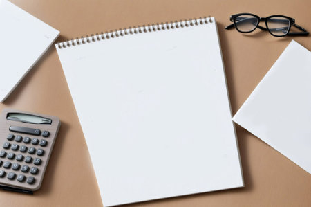 office desk table with supplies. Top view with copy space. flat layの素材