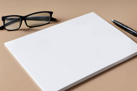 Blank white paper with pen and eyeglasses on wood tableの素材