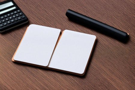 Blank business cards with calculator and pen on the wooden table.の素材