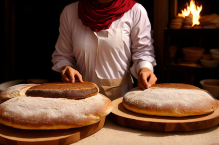 Baker hands making bread in bakery. Bakery and food conceptの素材