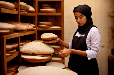 Young Muslim woman in hijab working in bakery shop, choosing breadの素材