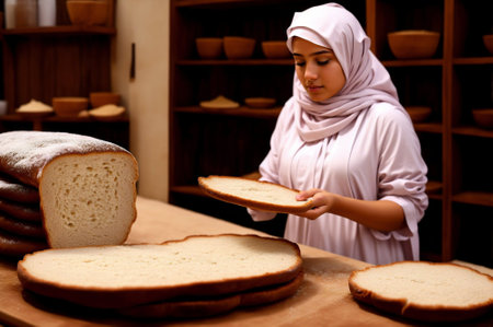 Young Muslim woman with traditional bread in bakery. Selective focus.の素材