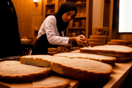 Arabic woman making bread in a bakery. Selective focus.の素材