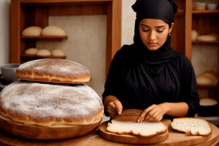 Young Muslim woman cooking bread in the kitchen. Bakery concept.の素材