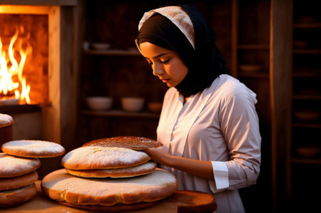Beautiful young Muslim woman in traditional clothing making bread in bakeryの素材