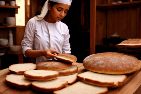 Female baker preparing fresh bread in bakery. Young female baker working in bakery.の素材