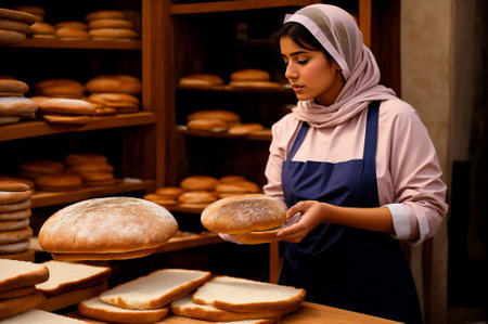 Young Muslim female bakery worker in apron holding fresh bread in bakeryの素材