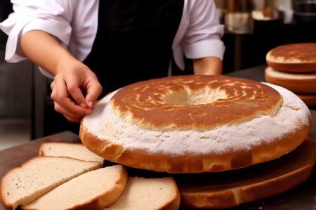 Female baker preparing fresh bread in bakery, closeup. Food preparationの素材
