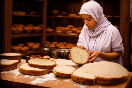 Young Muslim woman making bread in a bakery. Food concept.の素材