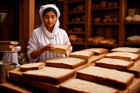 Female baker making bread in a bakery. Focus on the bread.の素材