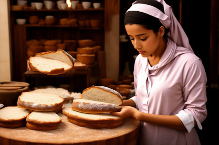 Woman working in bakery. Beautiful young woman working in bakery and making fresh bread.の素材