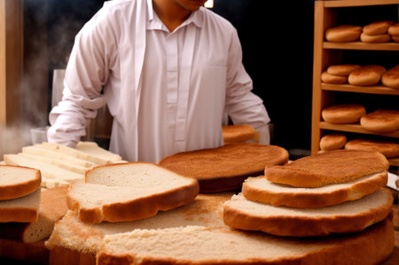 Close-up of a bakery worker making bread in a bakery.の素材