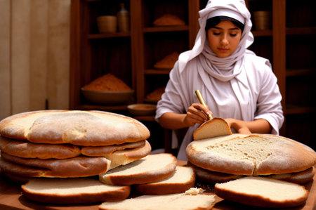 Arabic woman in hijab making bread at bakery shop, close upの素材