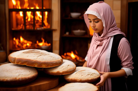 Muslim woman in hijab choosing bread in bakery shop. food industryの素材