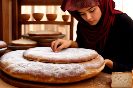 Young Muslim woman making traditional Egyptian bread in the bakeryの素材