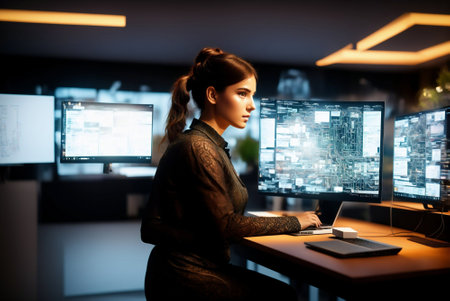 Attractive young woman working on computer at night in modern office.の素材