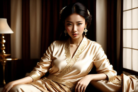 Beautiful asian woman in traditional dress sitting in the room.の素材