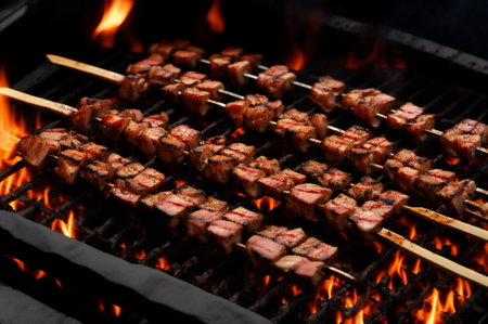Delicious grilled meat on wooden skewers on barbecue grill, closeupの素材