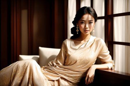 Portrait of beautiful Asian woman in golden dress sitting on sofaの素材