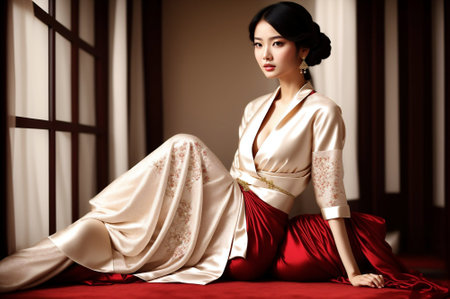 Beautiful asian woman in traditional dress sitting on the bed.の素材