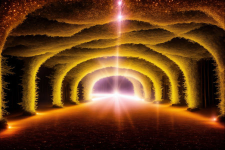 Futuristic tunnel with lights and trees in the background. 3d renderingの素材