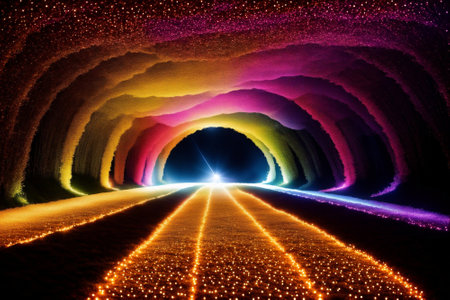 abstract background with a glowing tunnel and a road in the centerの素材