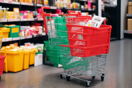 Empty shopping cart in supermarket. Shopping concept. Blurred background.の素材