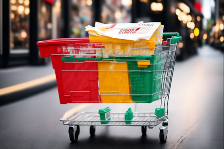 Shopping cart with gift boxes on the background of the city streetの素材