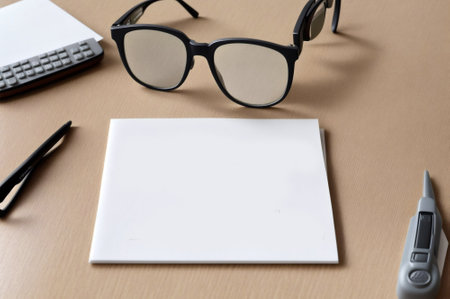 Blank business card and eyeglasses on office desk table backgroundの素材