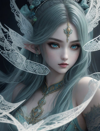 Portrait of a beautiful fairy girl with blue hair and white wingsの素材