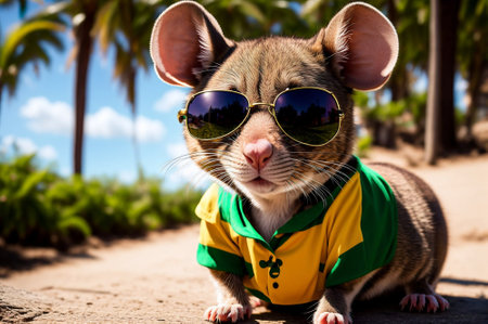 Cute little mouse in sunglasses on the tropical beach. Summer vacation concept.の素材