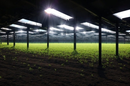 Green field in the light of the spotlights. 3d renderingの素材