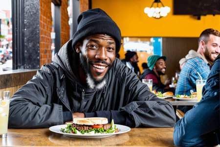 african american man in hood sitting at cafe and eating sandwichの素材