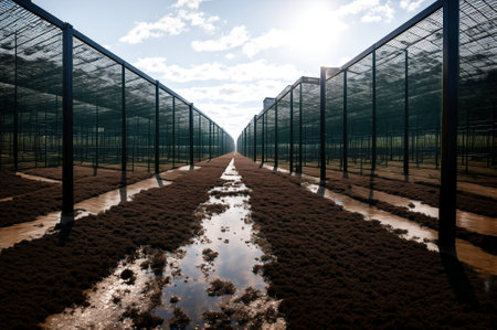 Greenhouse for growing organic vegetables with reflection in water. 3d renderの素材