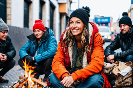 Group of friends sitting near the bonfire on the street and smilingの素材