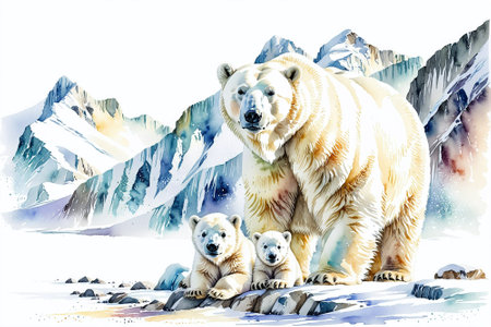 Polar bear with cubs in mountains. Watercolor illustration.の素材