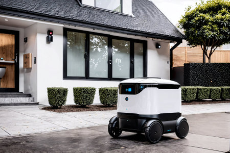 Self-balancing electric car in front of a new house.の素材