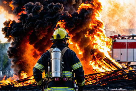 Firefighters extinguish a fire. Firefighters fighting a fire.の素材