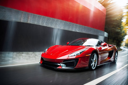 Red sport car on the road with motion blur background. Side view.の素材