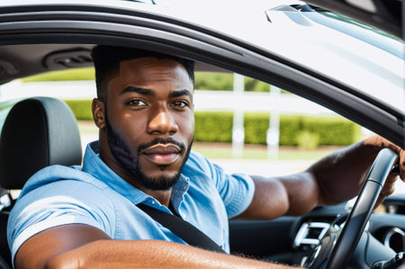handsome african american man driving car and looking at cameraの素材