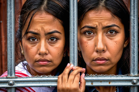 Portrait of two sad and depressed latin women behind bars.の素材
