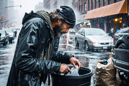 Homeless beggar man cleaning the streets of Manhattan after heavy rain.の素材