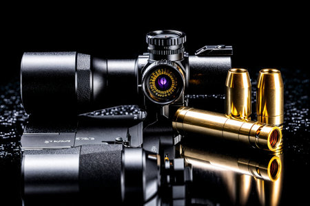 Bullets and camera on a black background. Selective focus.の素材