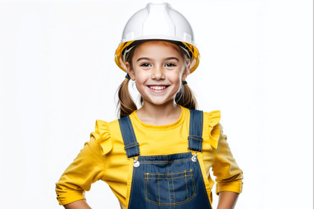 Portrait of a cute little girl in a construction helmet and overallsの素材